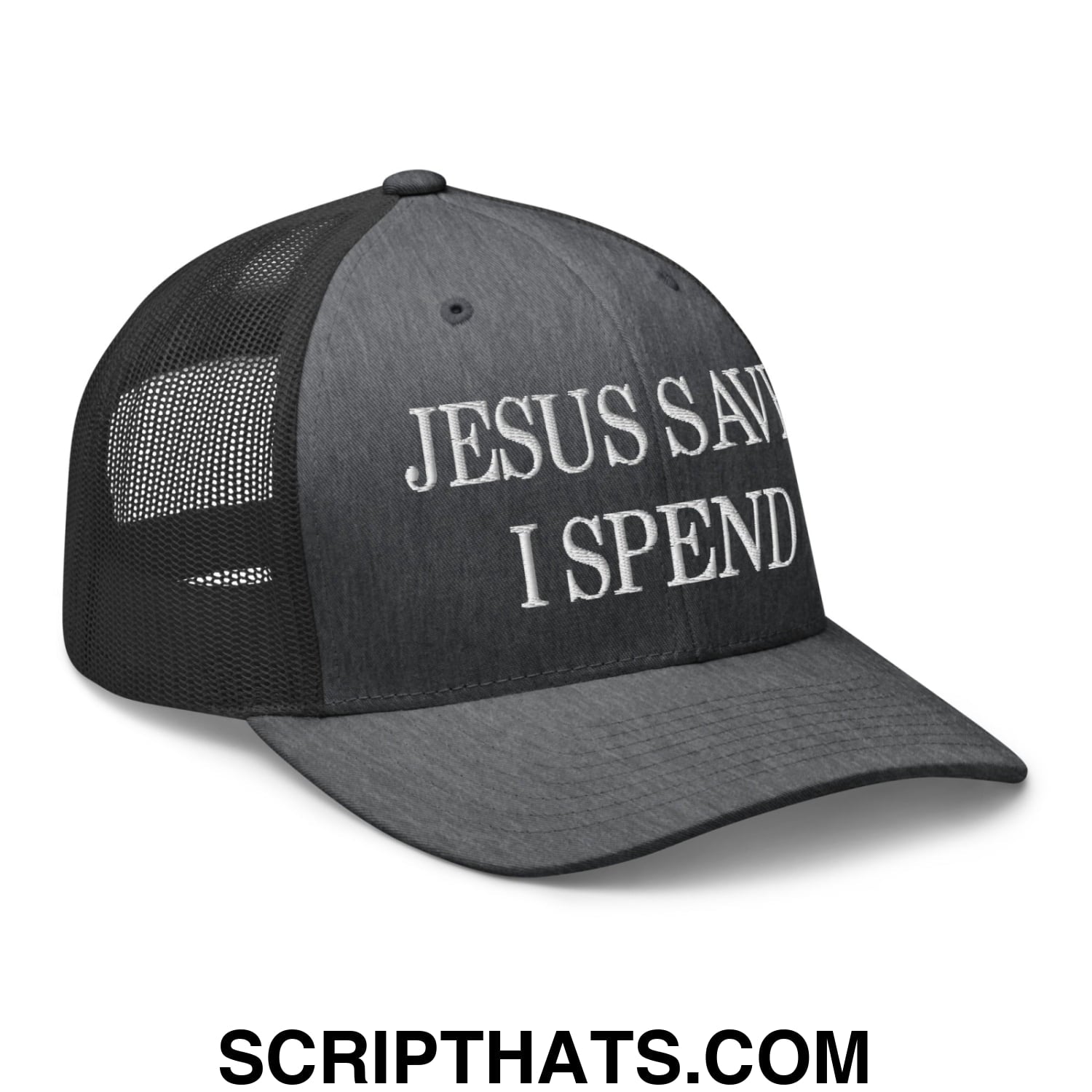 Jesus Saves I Spend Embroidered Mesh Trucker Hat Dark Heather Gray