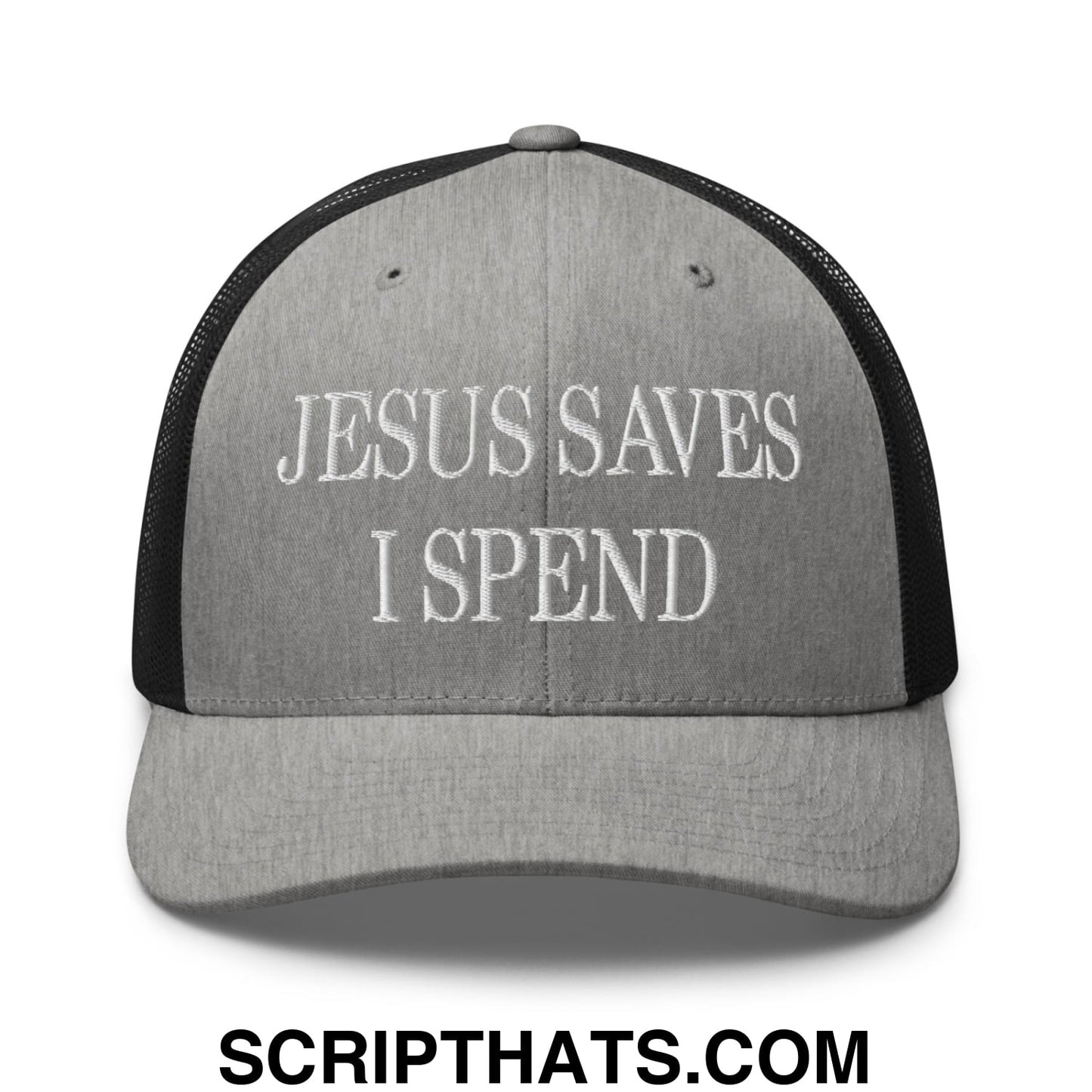 Jesus Saves I Spend Embroidered Mesh Trucker Hat Heather Black