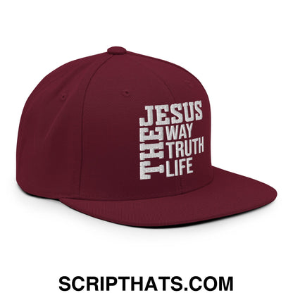 Jesus The Way The Truth The Life Embroidered Flat Bill Brim Snapback Hat Maroon