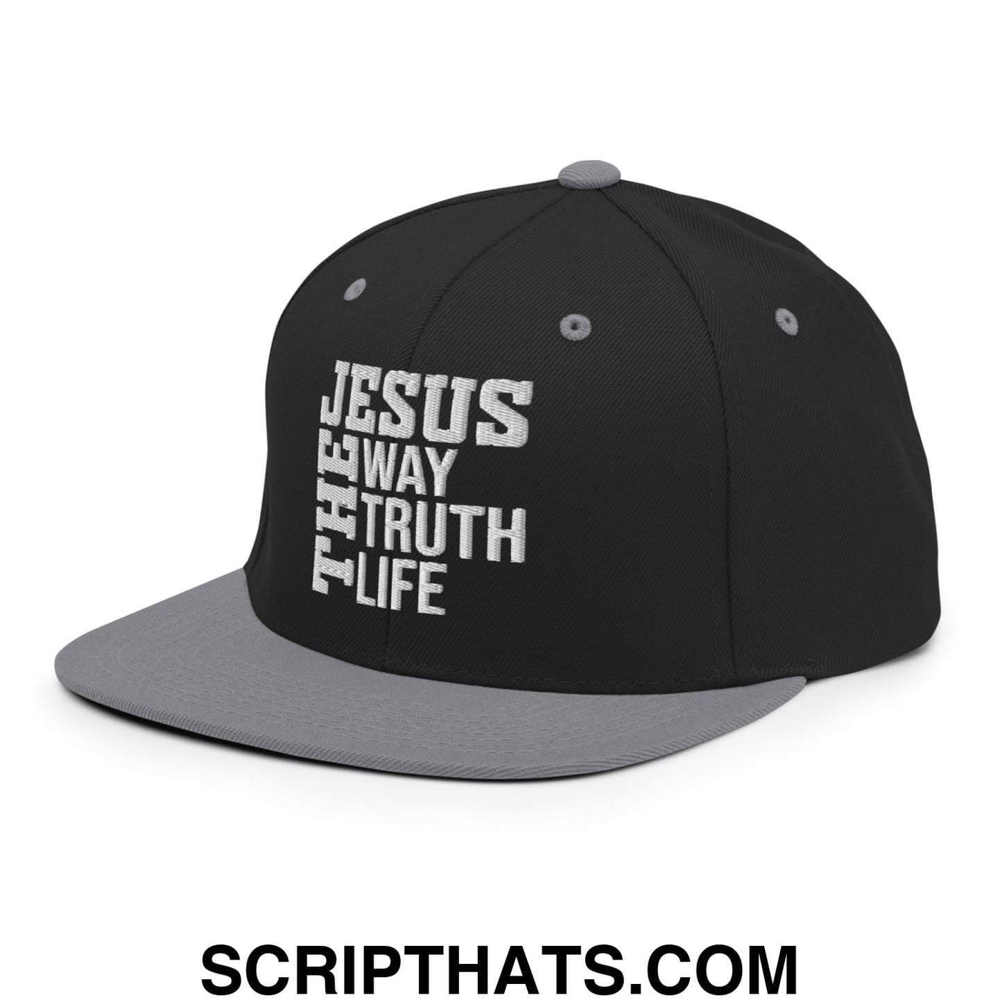 Jesus The Way The Truth The Life Embroidered Flat Bill Brim Snapback Hat Black Silver