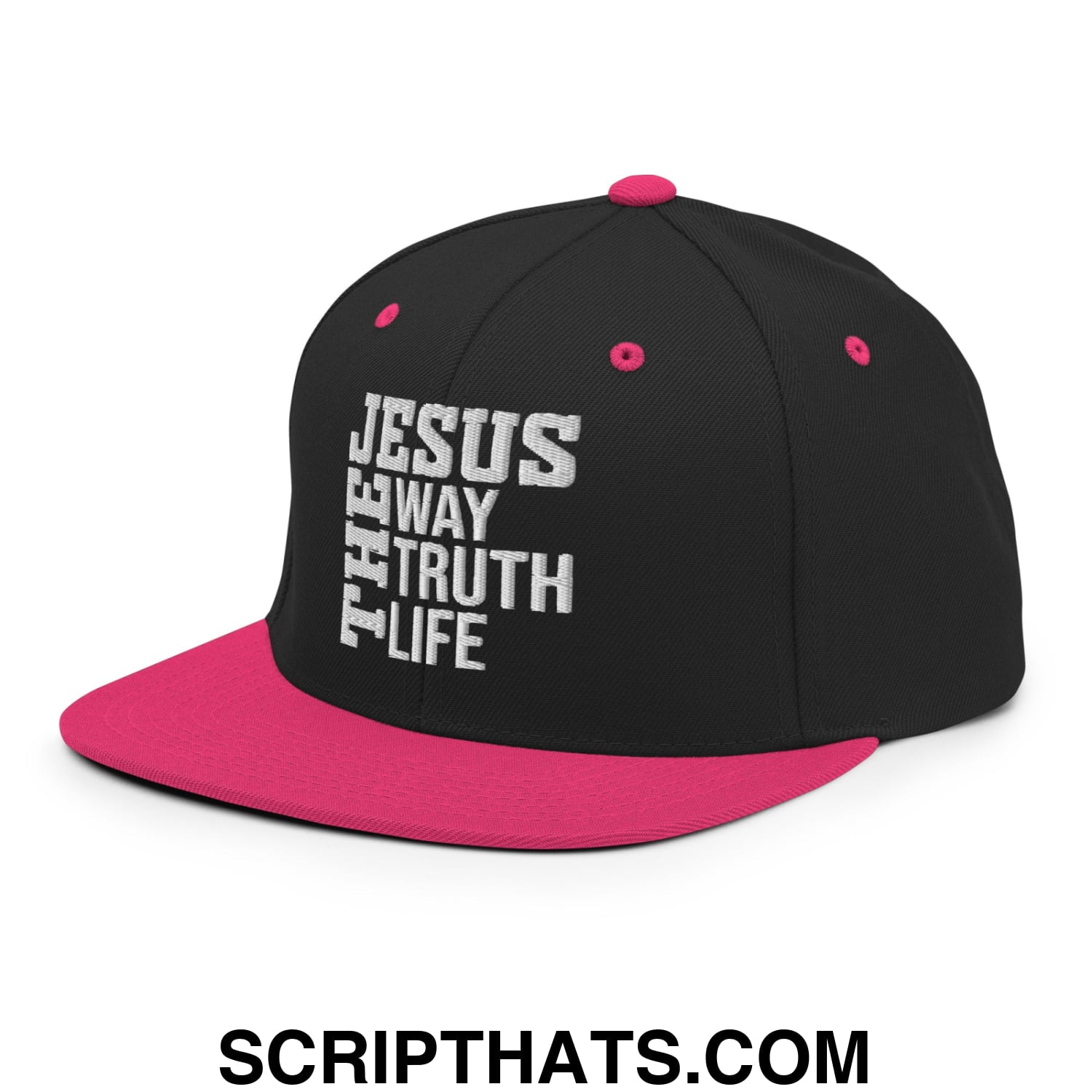 Jesus The Way The Truth The Life Embroidered Flat Bill Brim Snapback Hat Black Neon Pink