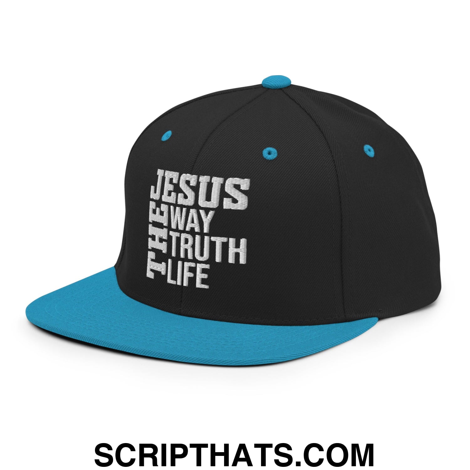 Jesus The Way The Truth The Life Embroidered Flat Bill Brim Snapback Hat Black Teal