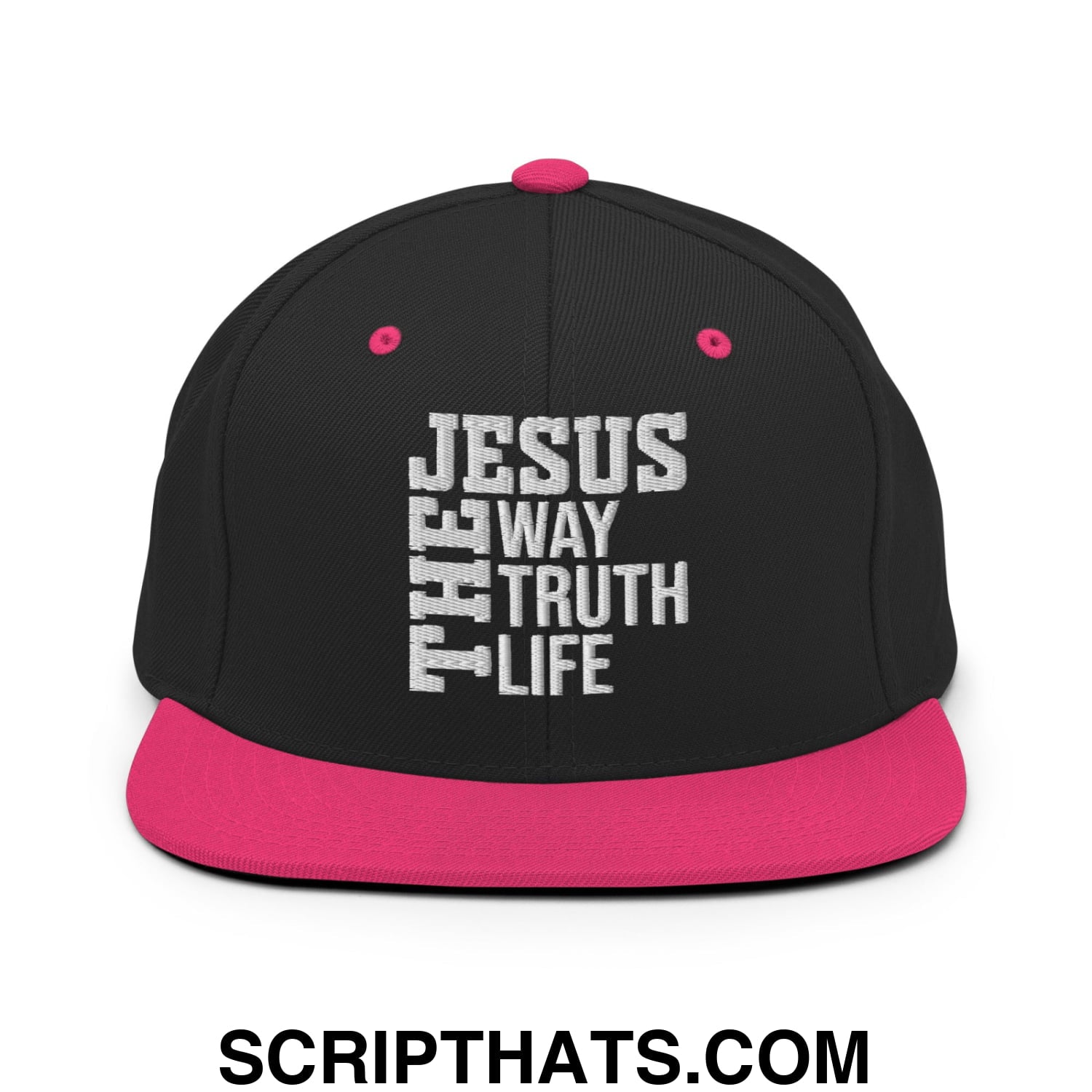 Jesus The Way The Truth The Life Embroidered Flat Bill Brim Snapback Hat Black Neon Pink