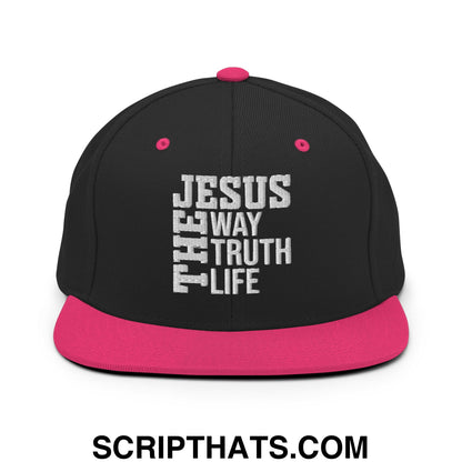 Jesus The Way The Truth The Life Embroidered Flat Bill Brim Snapback Hat Black Neon Pink