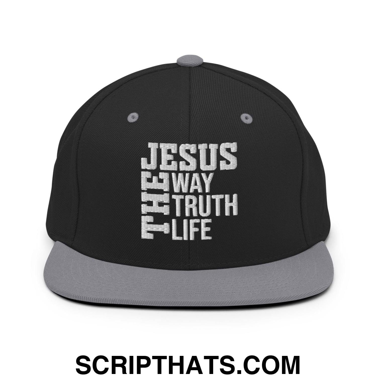 Jesus The Way The Truth The Life Embroidered Flat Bill Brim Snapback Hat Black Silver