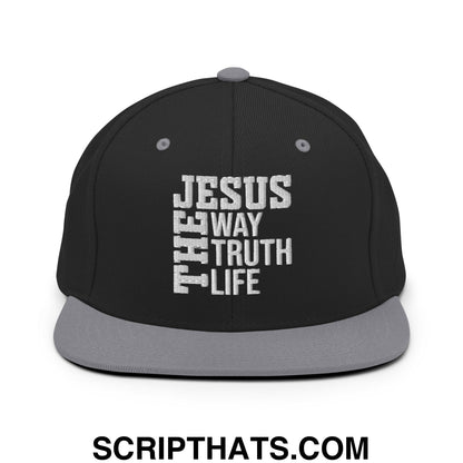 Jesus The Way The Truth The Life Embroidered Flat Bill Brim Snapback Hat Black Silver