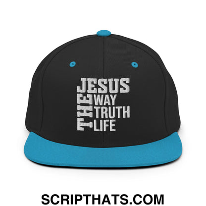 Jesus The Way The Truth The Life Embroidered Flat Bill Brim Snapback Hat Black Teal