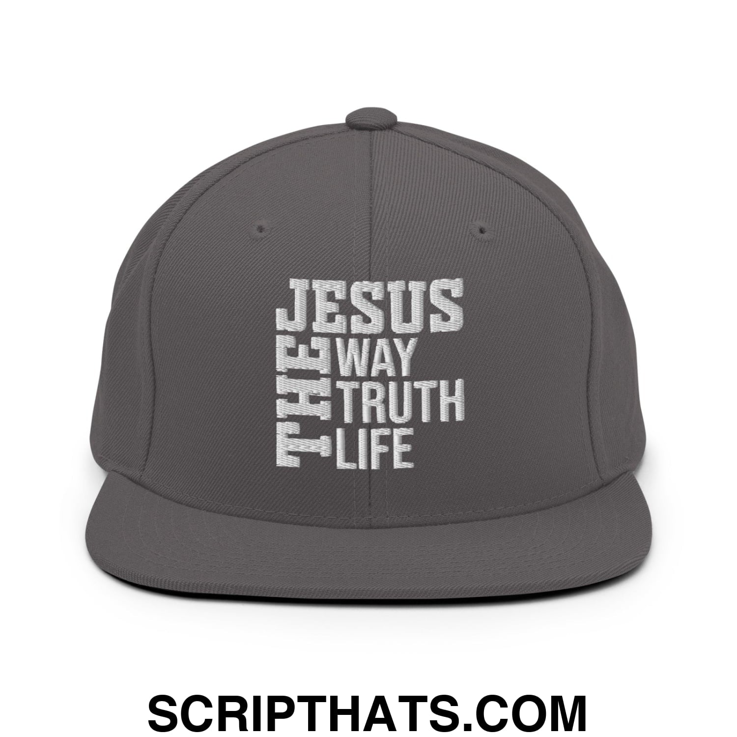 Jesus The Way The Truth The Life Embroidered Flat Bill Brim Snapback Hat Dark Grey