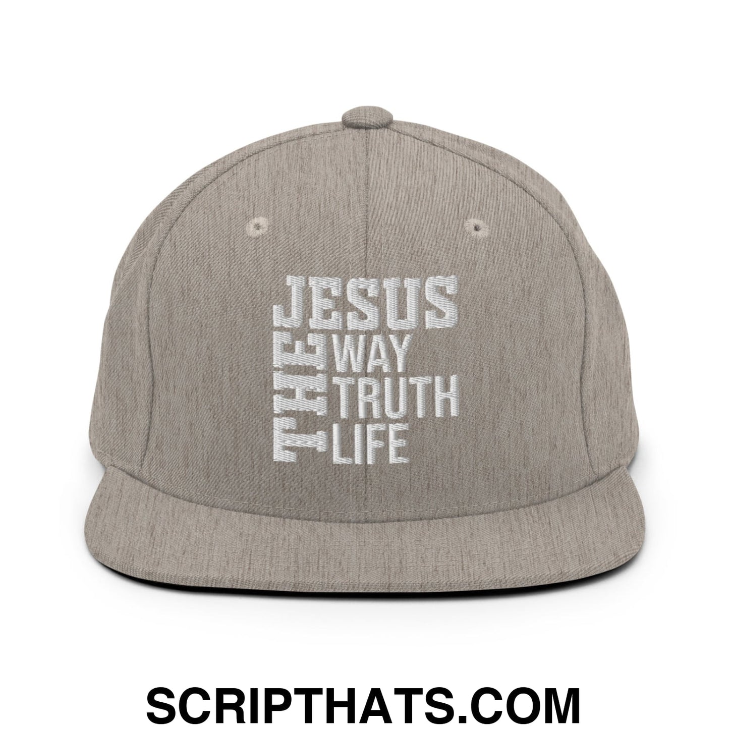 Jesus The Way The Truth The Life Embroidered Flat Bill Brim Snapback Hat Heather Grey