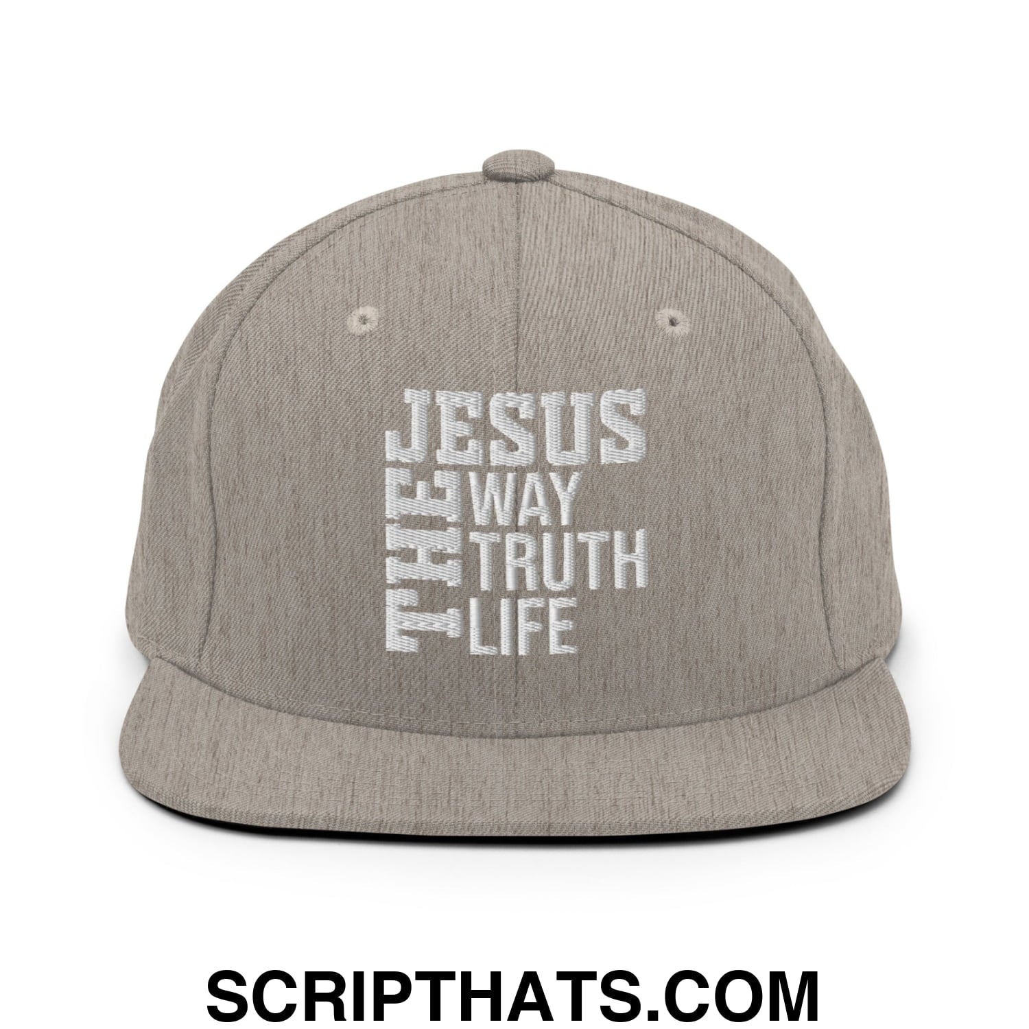 Jesus The Way The Truth The Life Embroidered Flat Bill Brim Snapback Hat Heather Grey