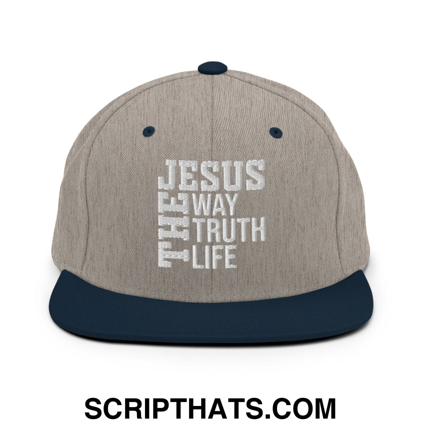Jesus The Way The Truth The Life Embroidered Flat Bill Brim Snapback Hat Heather Grey Navy