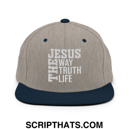 Jesus The Way The Truth The Life Embroidered Flat Bill Brim Snapback Hat Heather Grey Navy