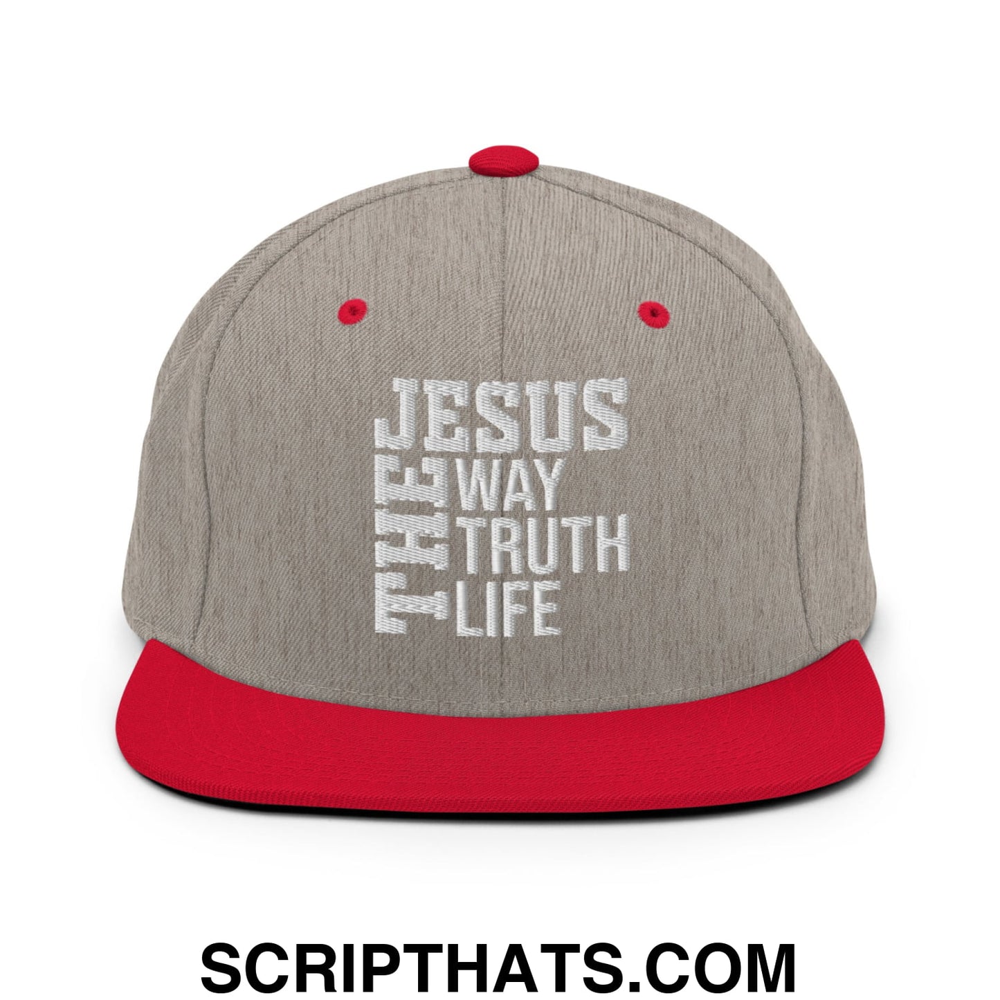 Jesus The Way The Truth The Life Embroidered Flat Bill Brim Snapback Hat Heather Grey Red