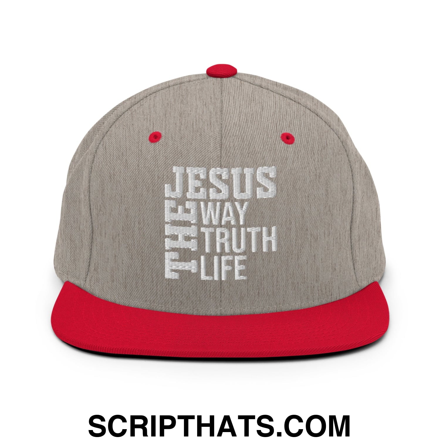 Jesus The Way The Truth The Life Embroidered Flat Bill Brim Snapback Hat Heather Grey Red