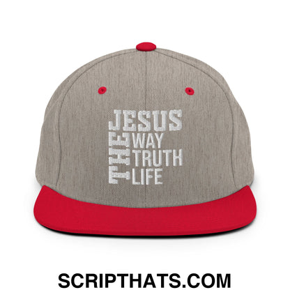 Jesus The Way The Truth The Life Embroidered Flat Bill Brim Snapback Hat Heather Grey Red