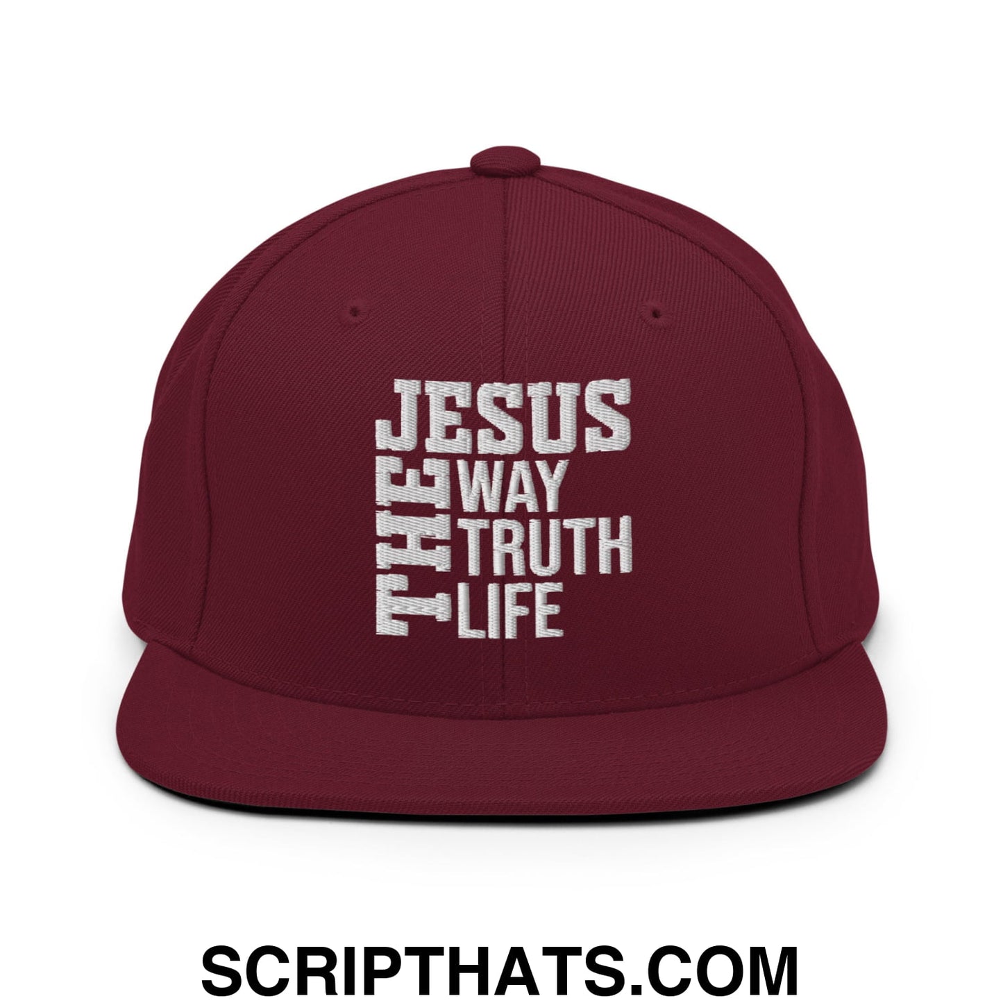 Jesus The Way The Truth The Life Embroidered Flat Bill Brim Snapback Hat Maroon