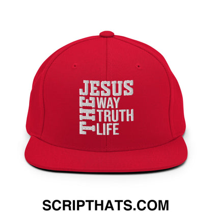 Jesus The Way The Truth The Life Embroidered Flat Bill Brim Snapback Hat Red