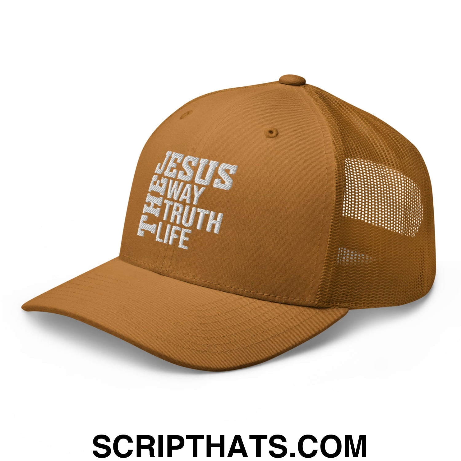 Jesus The Way The Truth The Life Embroidered Mesh Trucker Hat Caramel