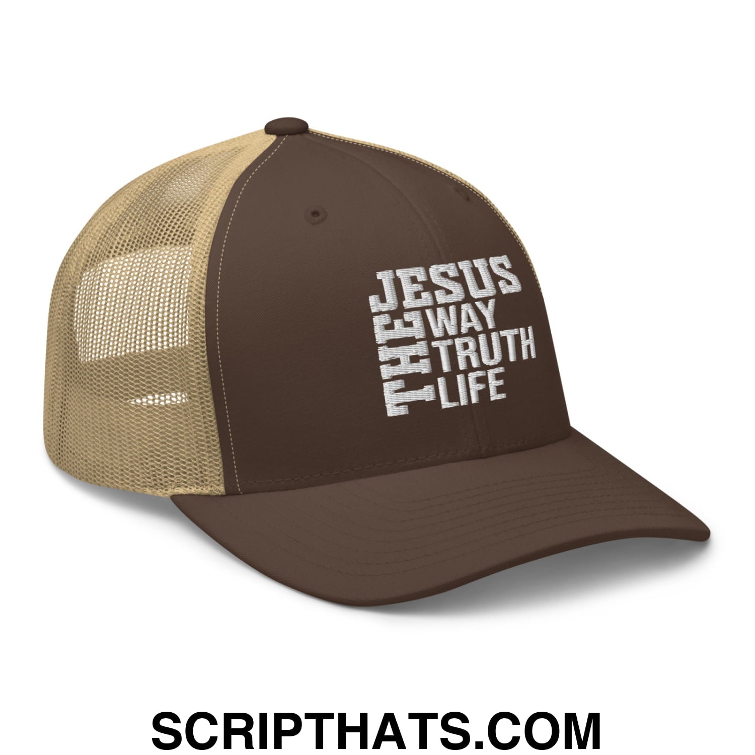 Jesus The Way The Truth The Life Embroidered Mesh Trucker Hat Brown Khaki