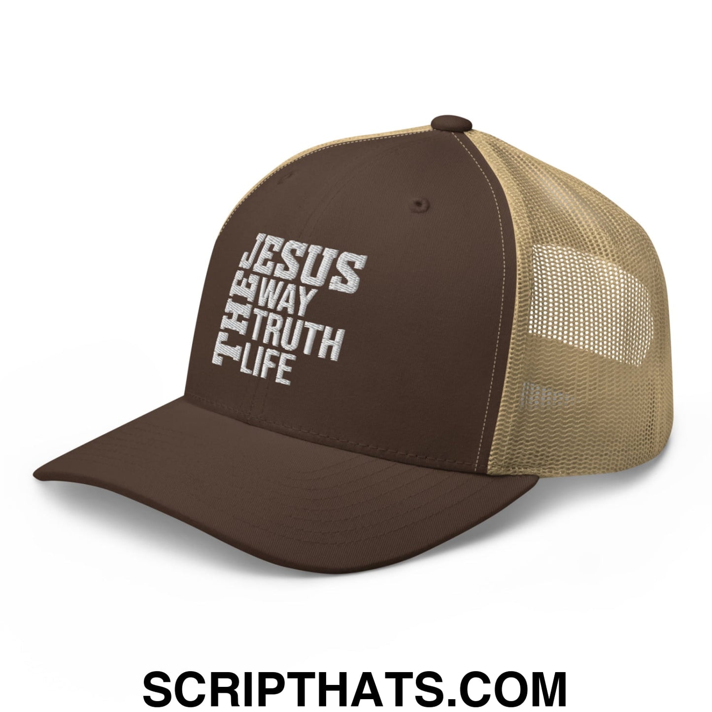 Jesus The Way The Truth The Life Embroidered Mesh Trucker Hat Brown Khaki