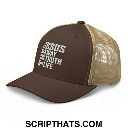 Jesus The Way The Truth The Life Embroidered Mesh Trucker Hat Brown Khaki