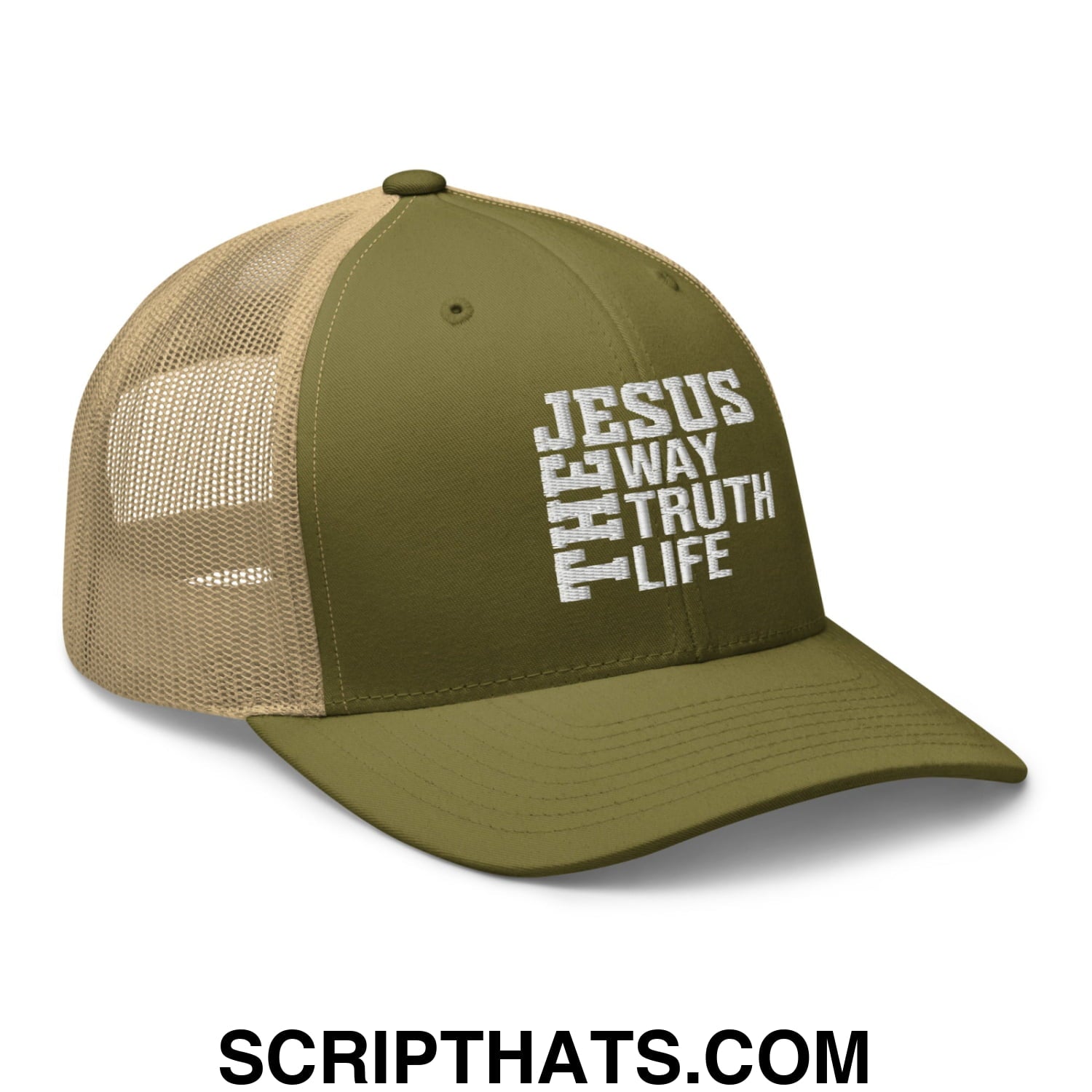 Jesus The Way The Truth The Life Embroidered Mesh Trucker Hat Moss Khaki
