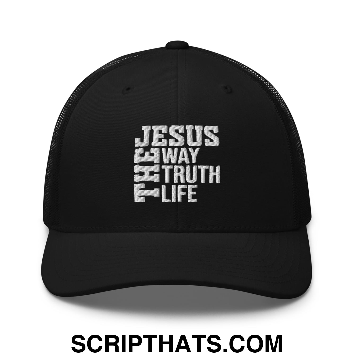Jesus The Way The Truth The Life Embroidered Mesh Trucker Hat Black