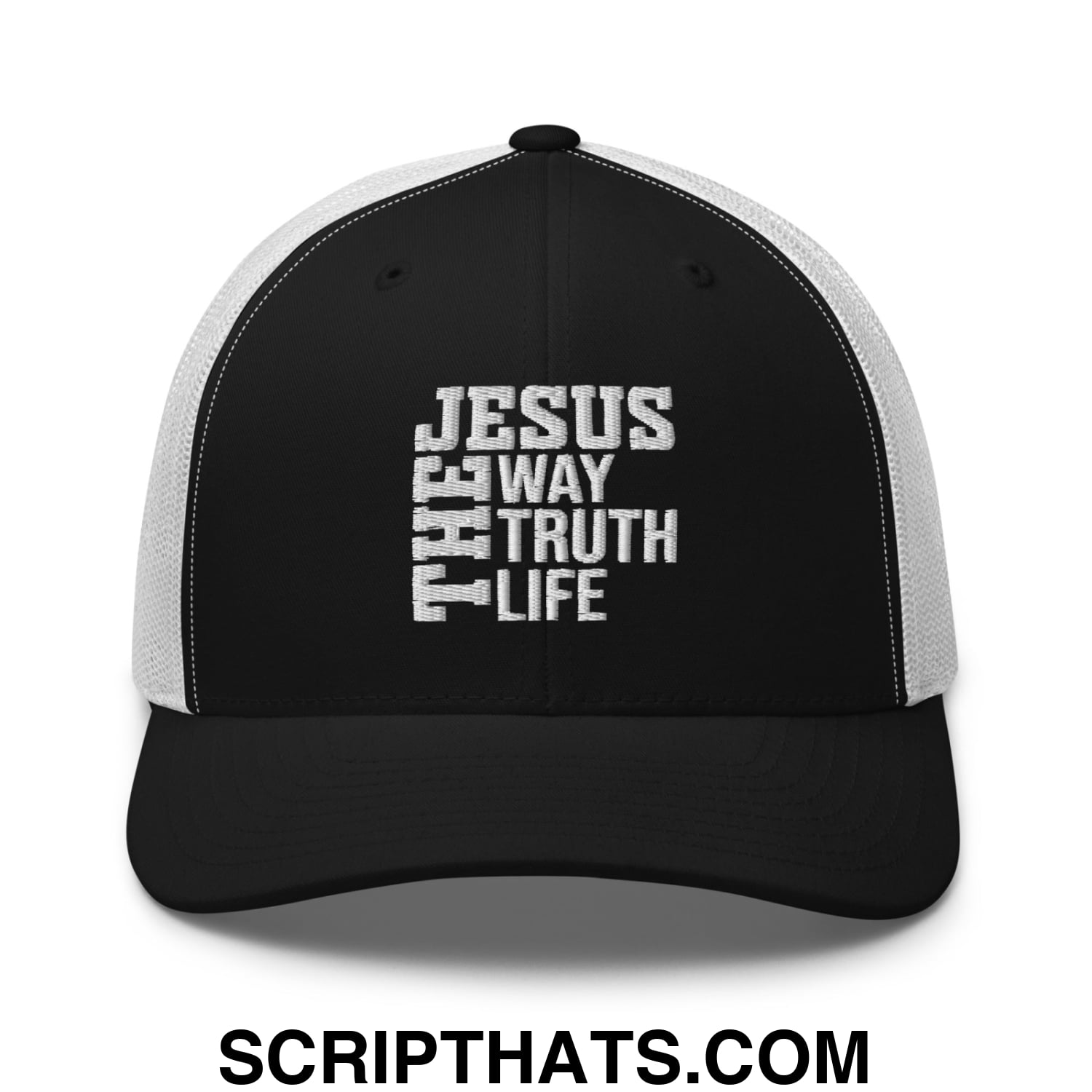 Jesus The Way The Truth The Life Embroidered Mesh Trucker Hat Black White