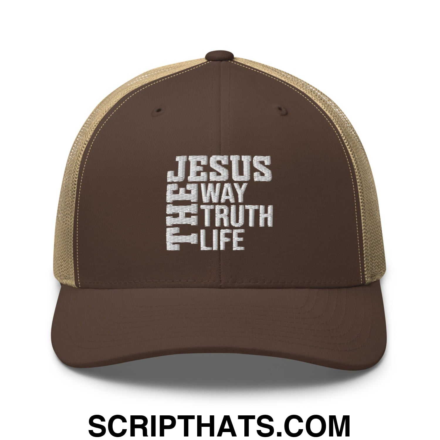 Jesus The Way The Truth The Life Embroidered Mesh Trucker Hat Brown Khaki