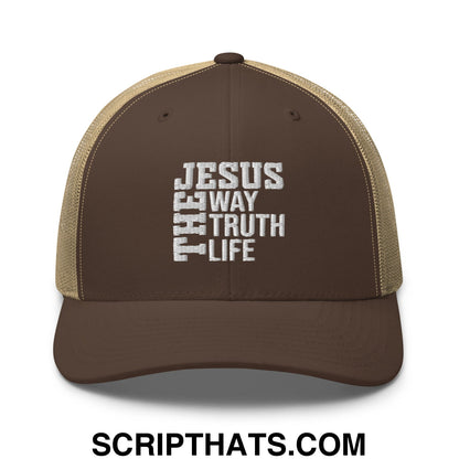 Jesus The Way The Truth The Life Embroidered Mesh Trucker Hat Brown Khaki
