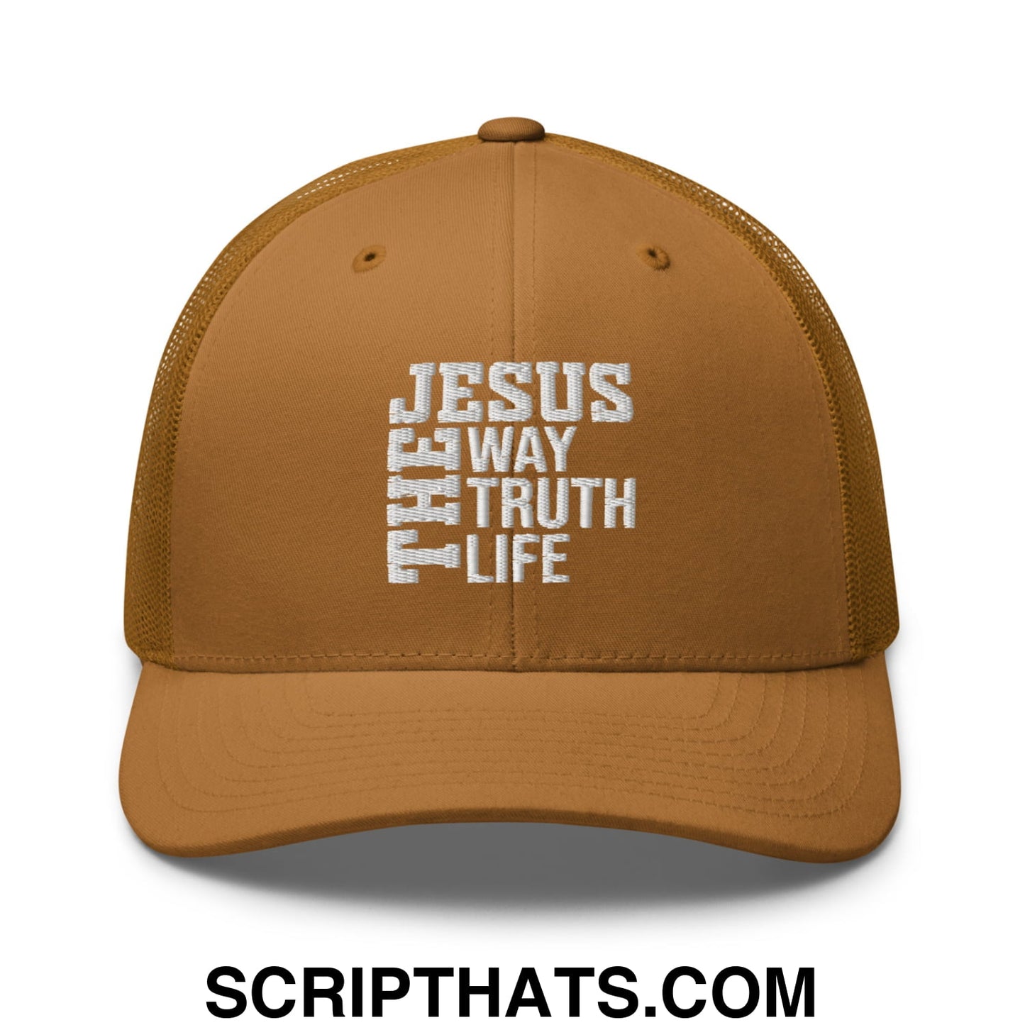 Jesus The Way The Truth The Life Embroidered Mesh Trucker Hat Caramel