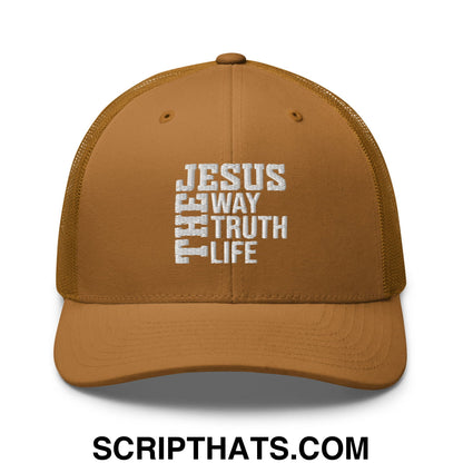 Jesus The Way The Truth The Life Embroidered Mesh Trucker Hat Caramel