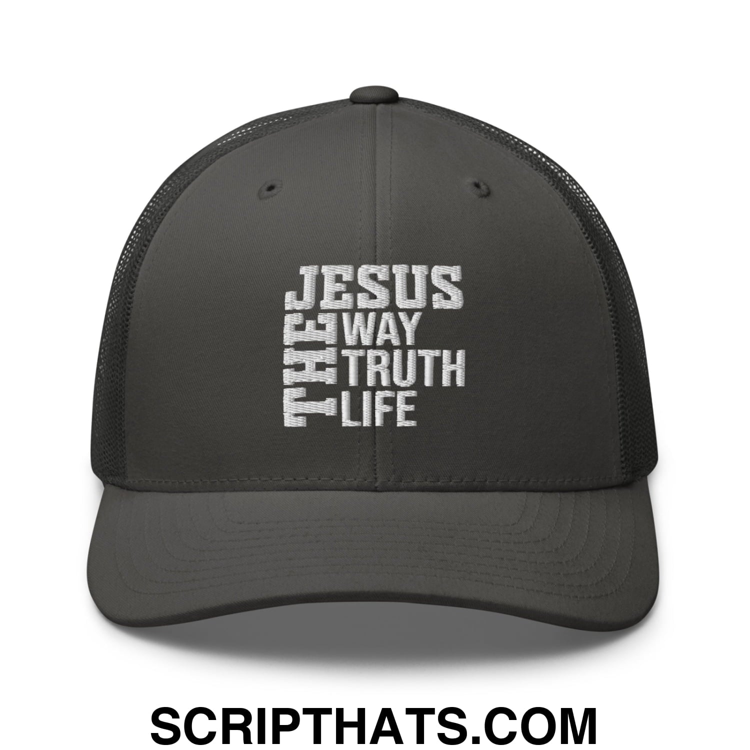 Jesus The Way The Truth The Life Embroidered Mesh Trucker Hat Charcoal