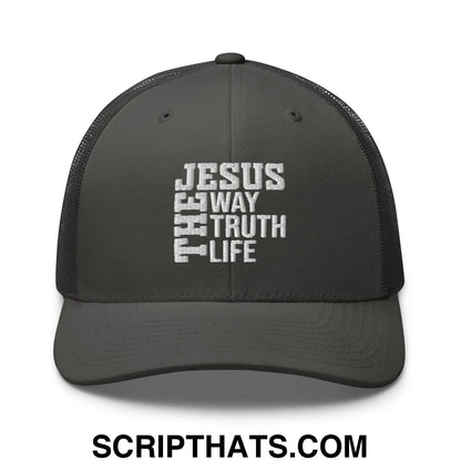 Jesus The Way The Truth The Life Embroidered Mesh Trucker Hat Charcoal