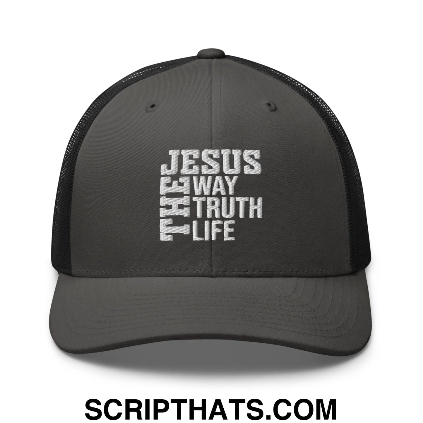 Jesus The Way The Truth The Life Embroidered Mesh Trucker Hat Charcoal Black