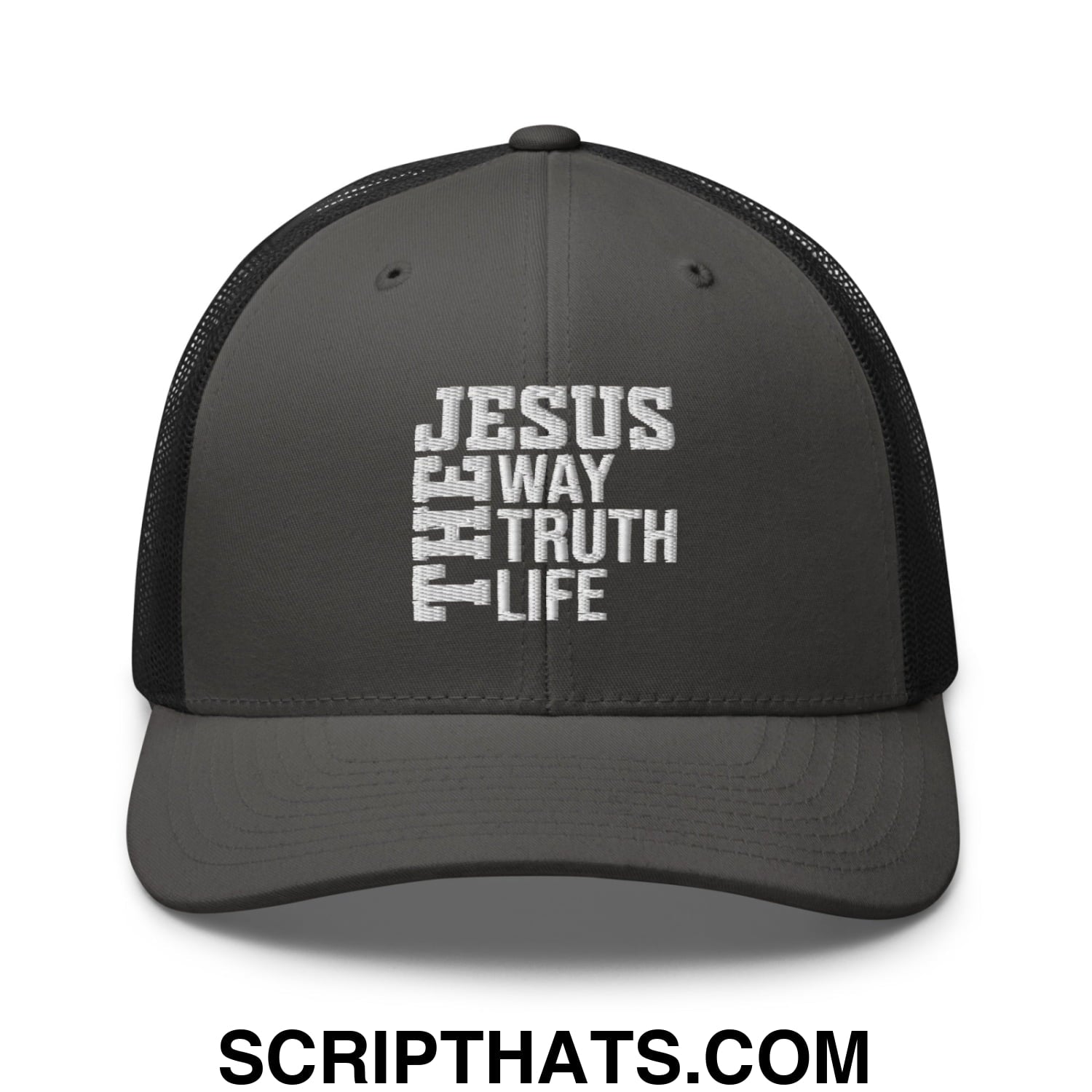 Jesus The Way The Truth The Life Embroidered Mesh Trucker Hat Charcoal Black