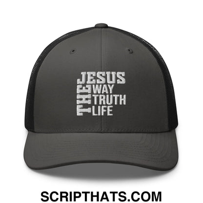Jesus The Way The Truth The Life Embroidered Mesh Trucker Hat Charcoal Black