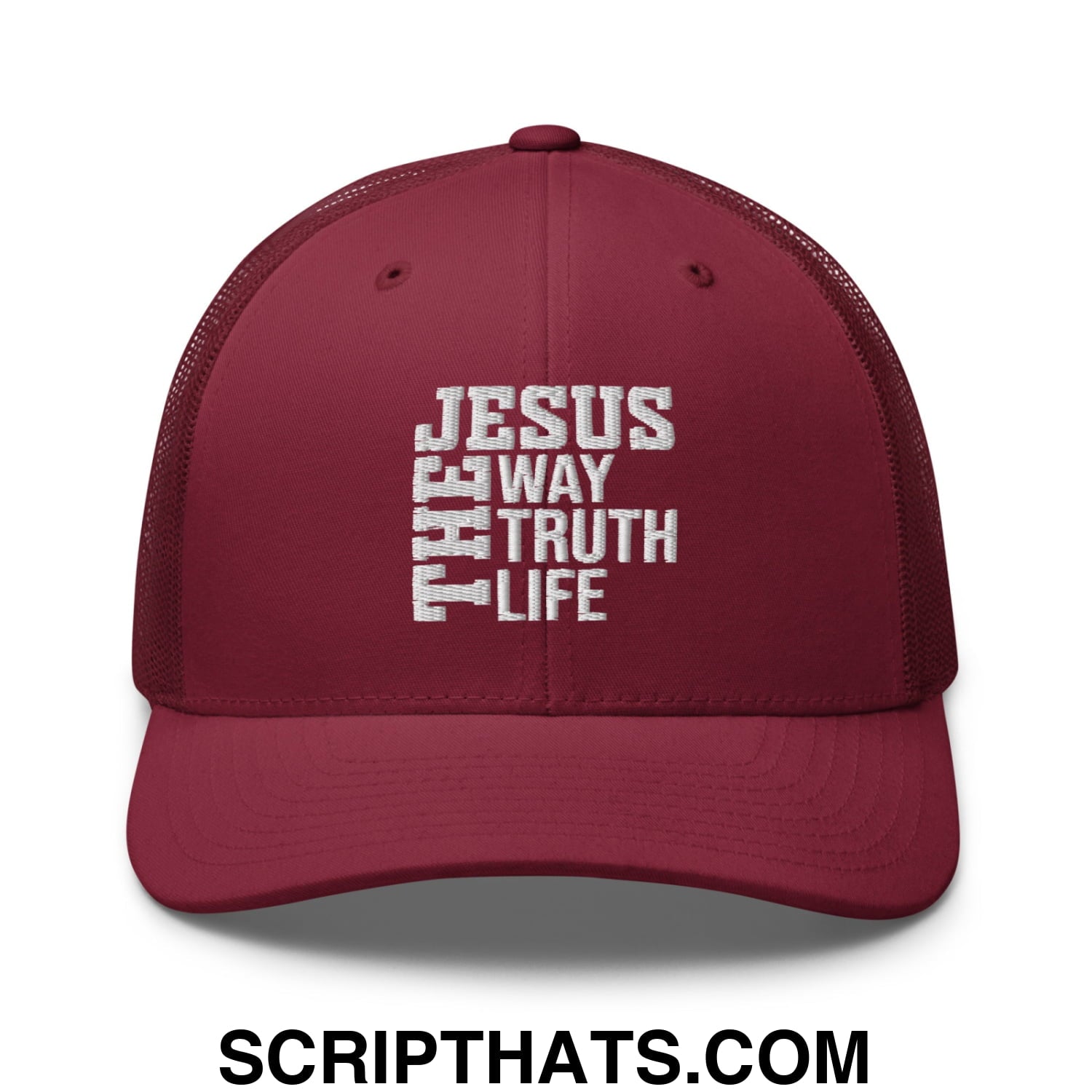 Jesus The Way The Truth The Life Embroidered Mesh Trucker Hat Cranberry
