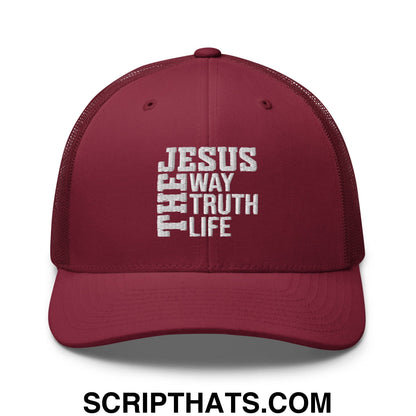 Jesus The Way The Truth The Life Embroidered Mesh Trucker Hat Cranberry