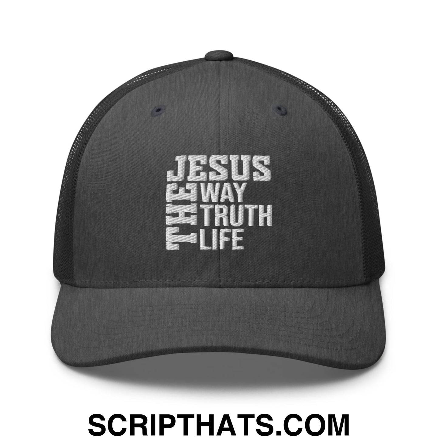 Jesus The Way The Truth The Life Embroidered Mesh Trucker Hat Dark Heather Gray