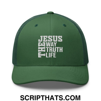 Jesus The Way The Truth The Life Embroidered Mesh Trucker Hat Evergreen