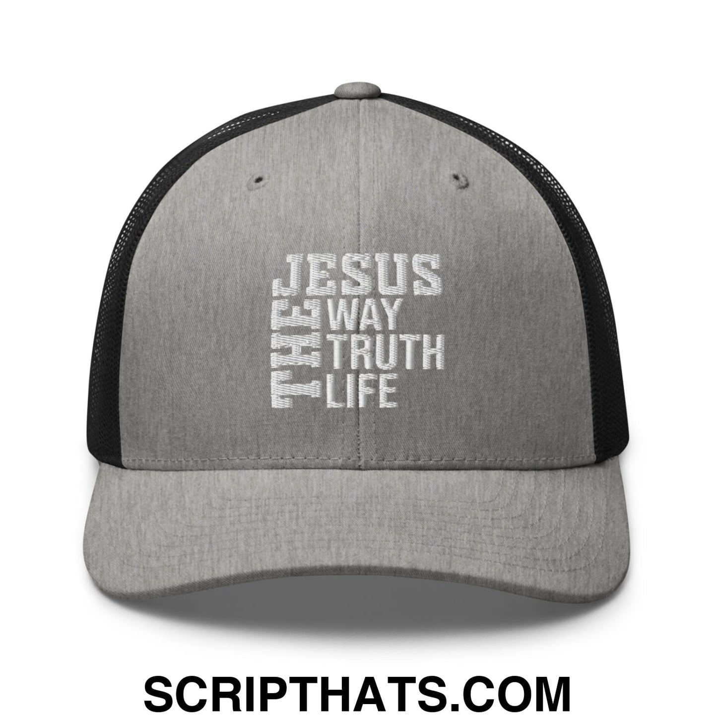 Jesus The Way The Truth The Life Embroidered Mesh Trucker Hat Heather Black
