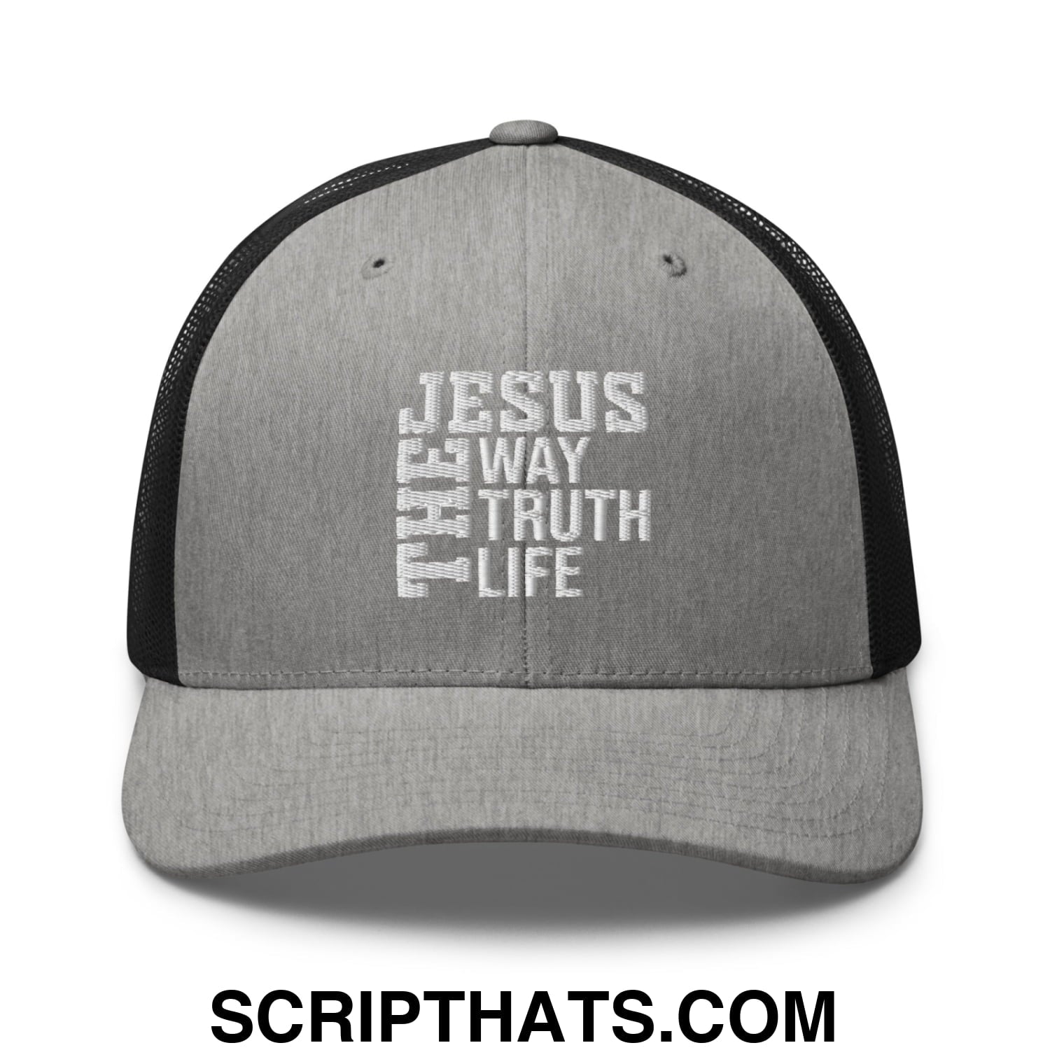 Jesus The Way The Truth The Life Embroidered Mesh Trucker Hat Heather Black