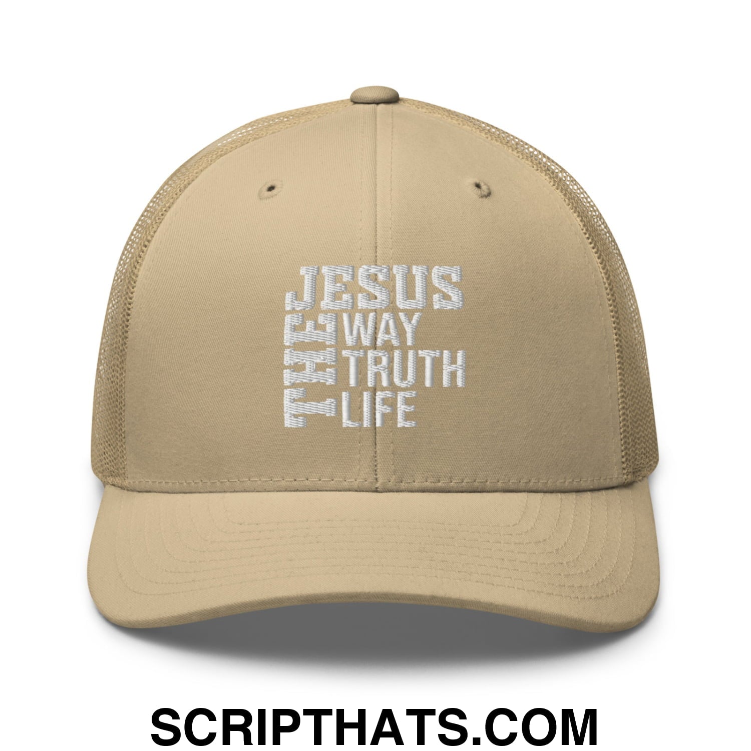 Jesus The Way The Truth The Life Embroidered Mesh Trucker Hat Khaki