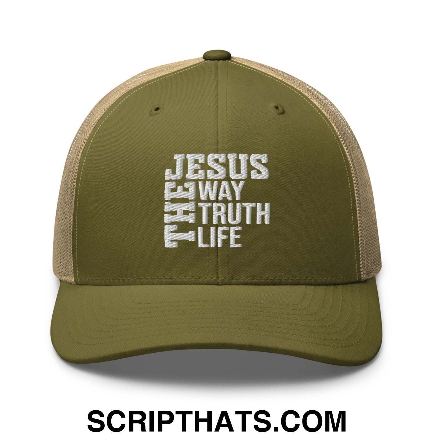 Jesus The Way The Truth The Life Embroidered Mesh Trucker Hat Moss Khaki