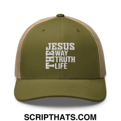 Jesus The Way The Truth The Life Embroidered Mesh Trucker Hat Moss Khaki