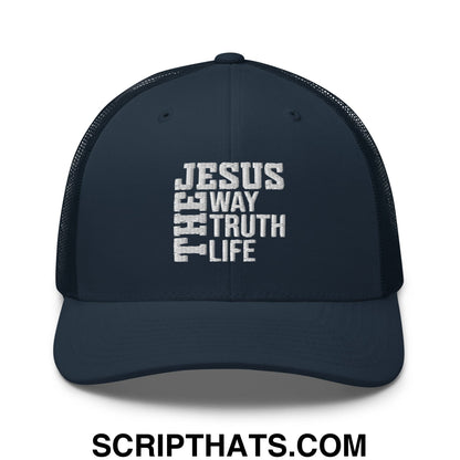 Jesus The Way The Truth The Life Embroidered Mesh Trucker Hat Navy