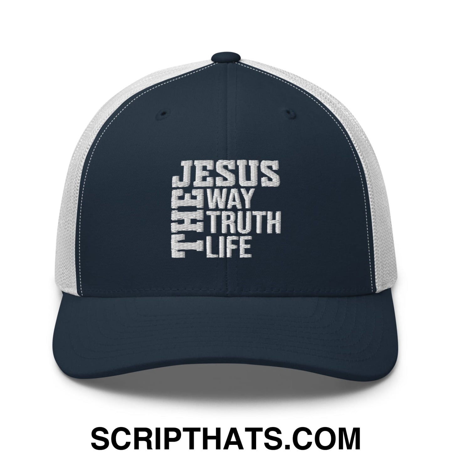 Jesus The Way The Truth The Life Embroidered Mesh Trucker Hat Navy White