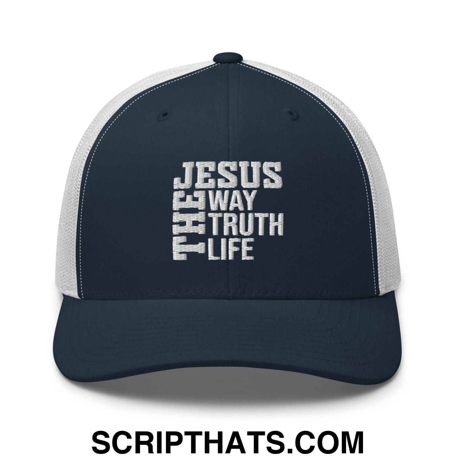 Jesus The Way The Truth The Life Embroidered Mesh Trucker Hat Navy White