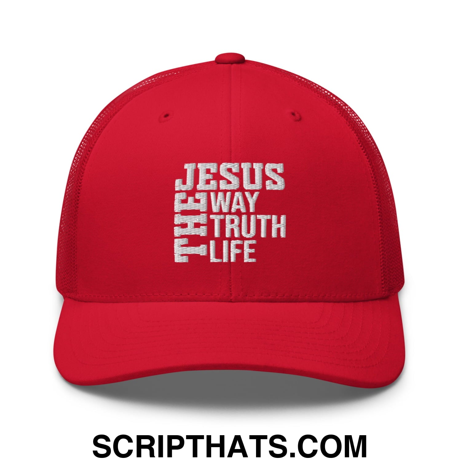 Jesus The Way The Truth The Life Embroidered Mesh Trucker Hat Red